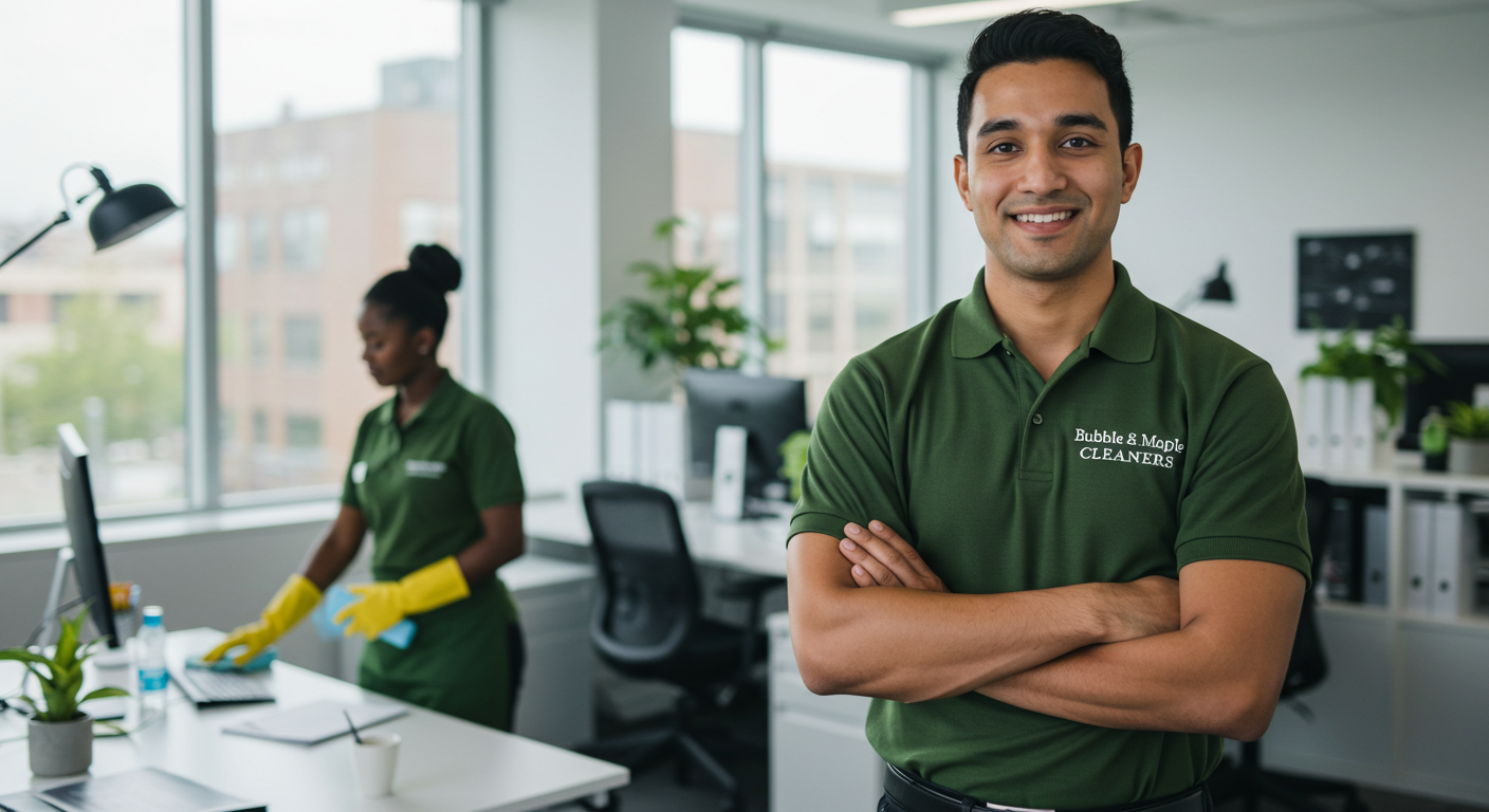 Professional cleaner in blue uniform with equipment in modern office setting