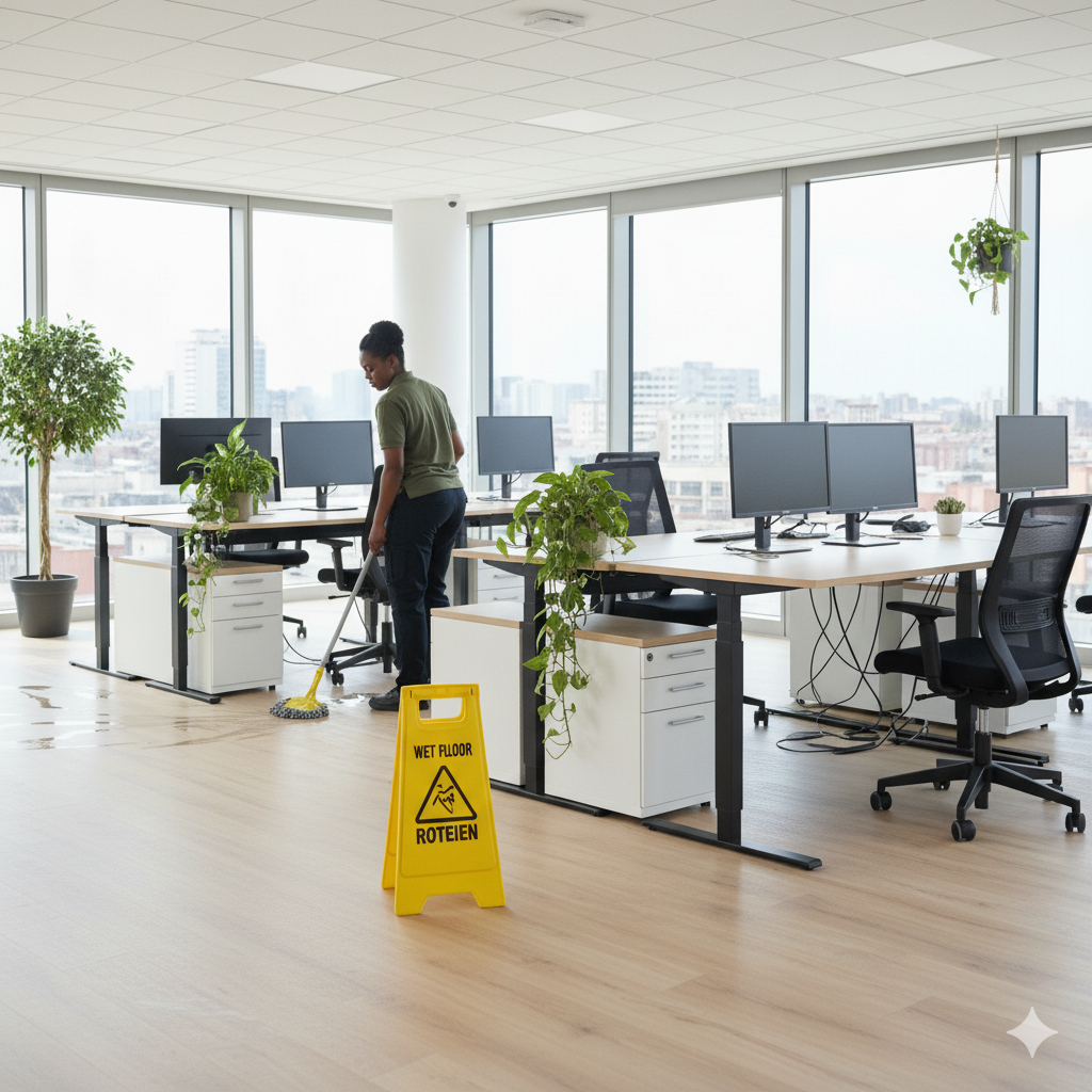 Professional woman in dark polo uniform with crossed arms in office reception area